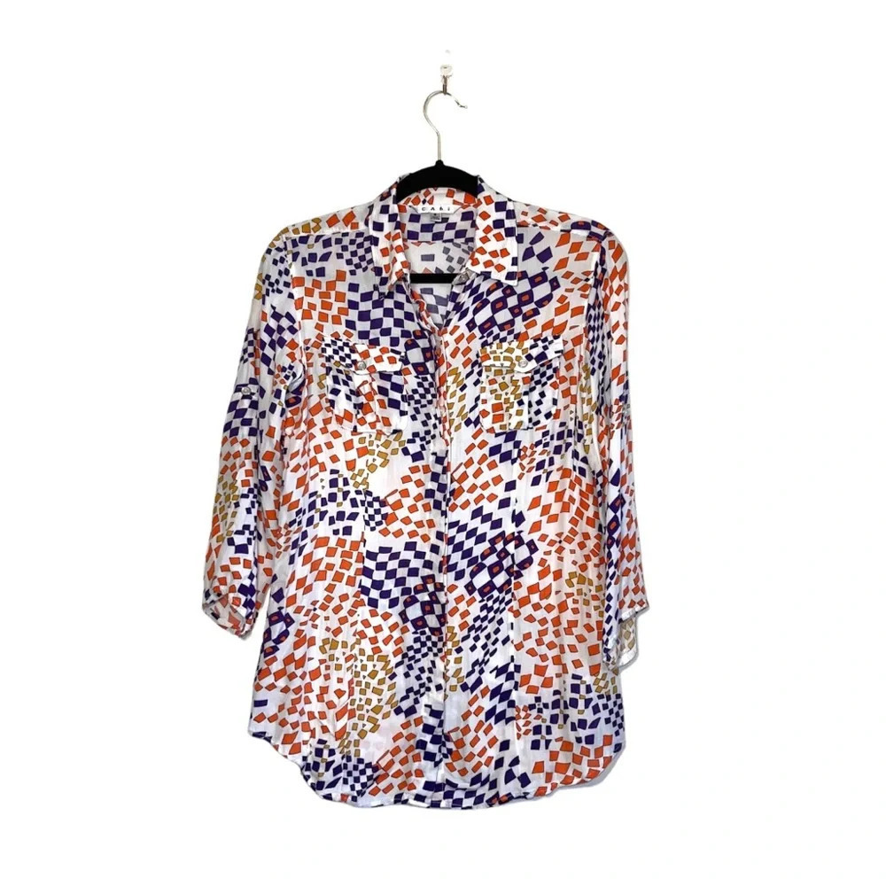 CAbi Grand Prix White Mulitcolor Geometric Print Button Down Shirt Small Women’s